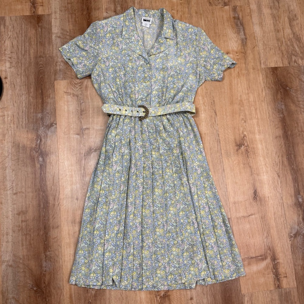 Leslie Fay Petite Vintage Floral Shirt Dress Pastel Pleated Belt Blue 14 Petite